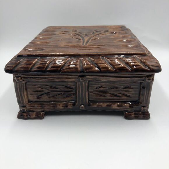 Vintage Mid Century 1970s Pottery Ceramic Brown Square Box With Lid Wood Look - Picture 3 of 13